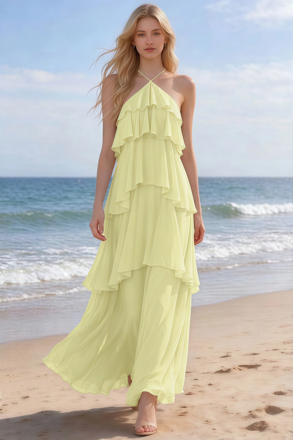Audrey yellow halter chiffon maxi dress shown from the front on a beach