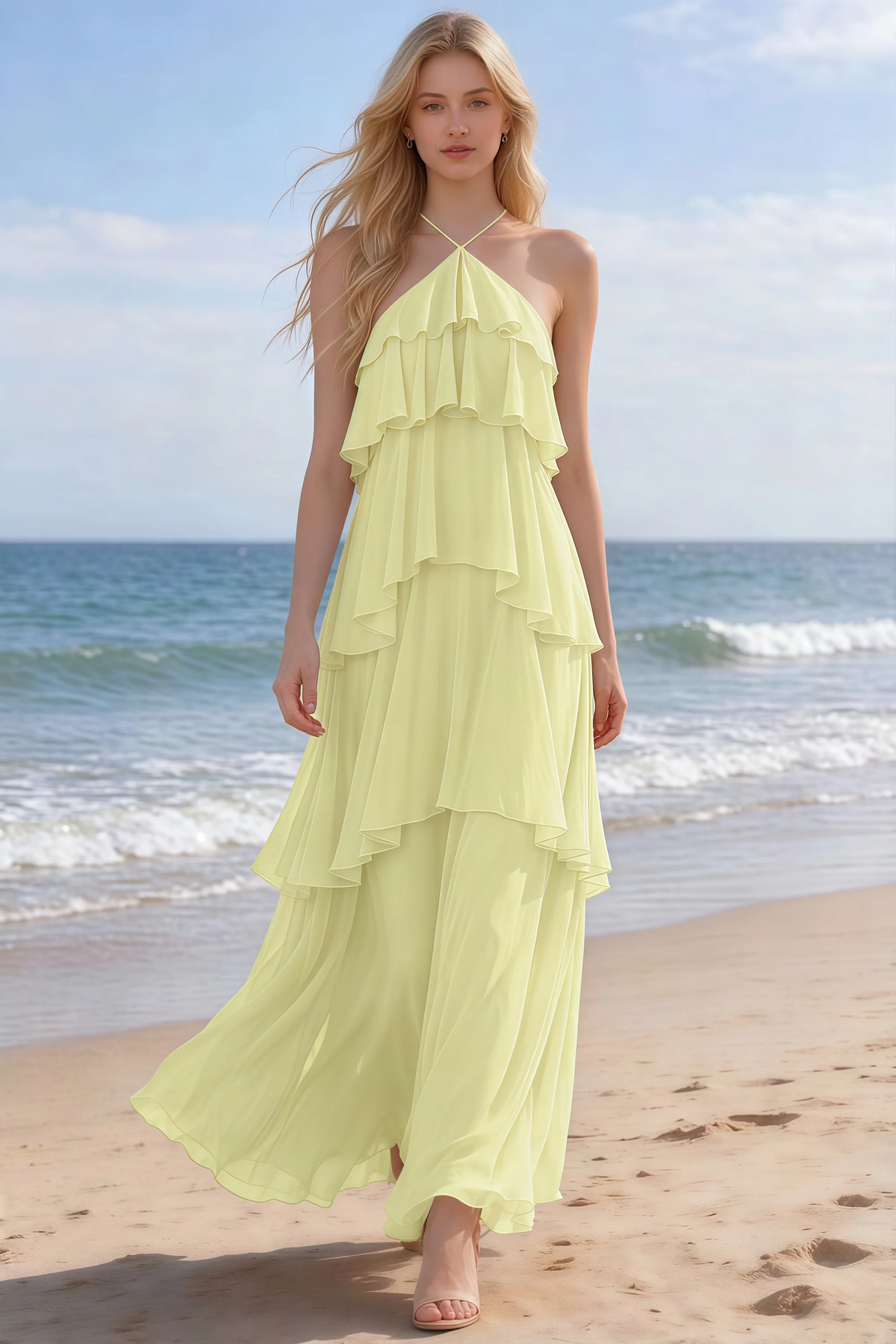Audrey yellow halter chiffon maxi dress shown from the front on a beach