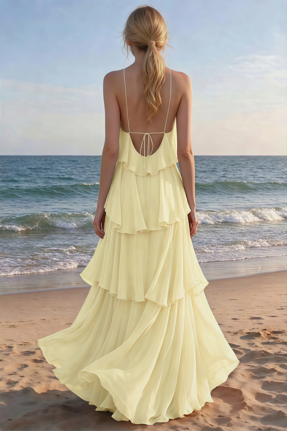 Rear beach view of Audrey yellow tiered maxi dress with an open back and flowing hem