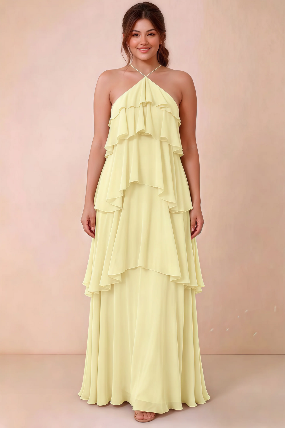 Front studio view of Audrey yellow halter maxi dress showing the relaxed chiffon tiers