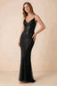 Front view of the Augusta black beaded mermaid maxi dress with a V-neckline and thin shoulder straps.