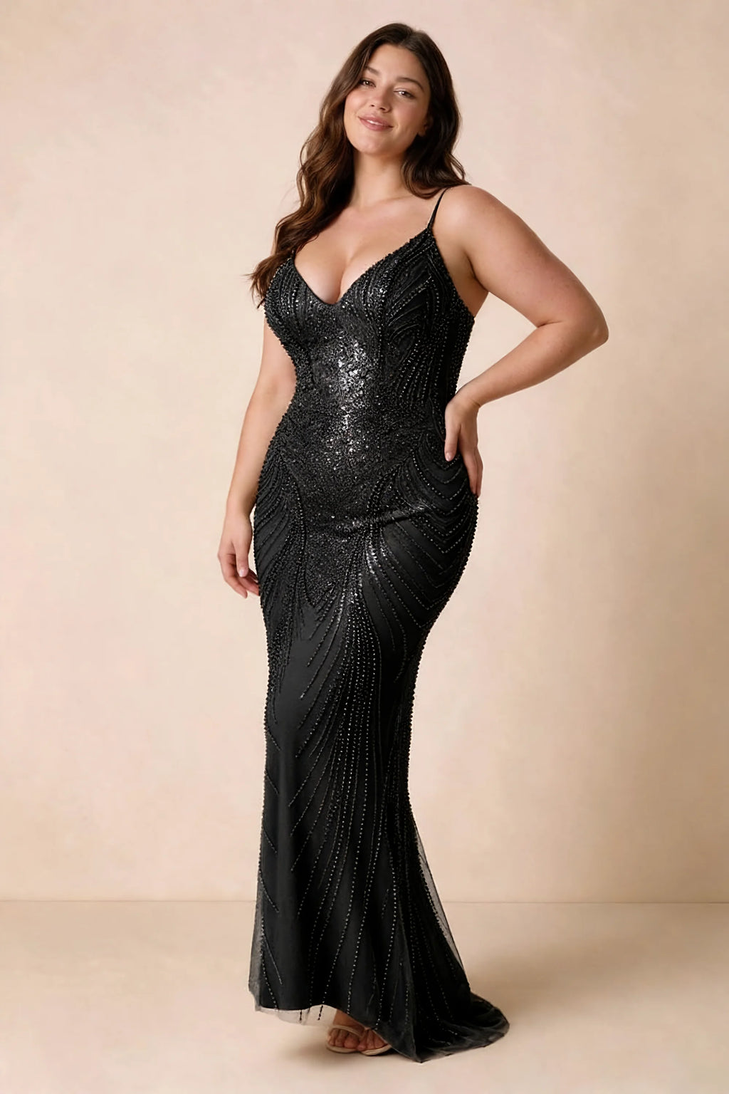 Front view of the Augusta black V-neck mermaid maxi dress on a second model.