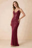 Front view of the Augusta burgundy beaded mermaid maxi dress with a V-neckline and thin shoulder straps.