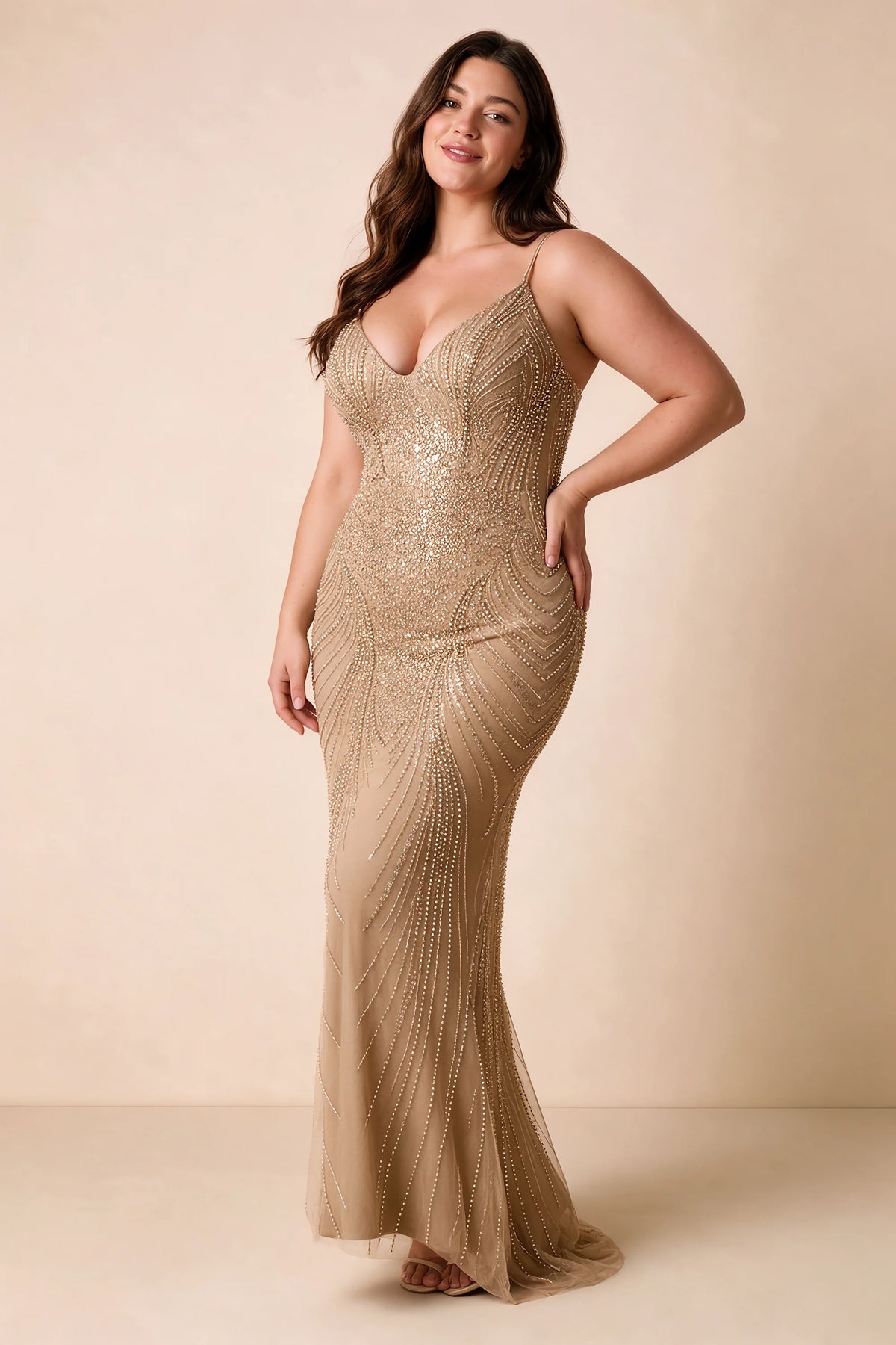 Front view of the Augusta champagne V-neck mermaid maxi dress on a second model.