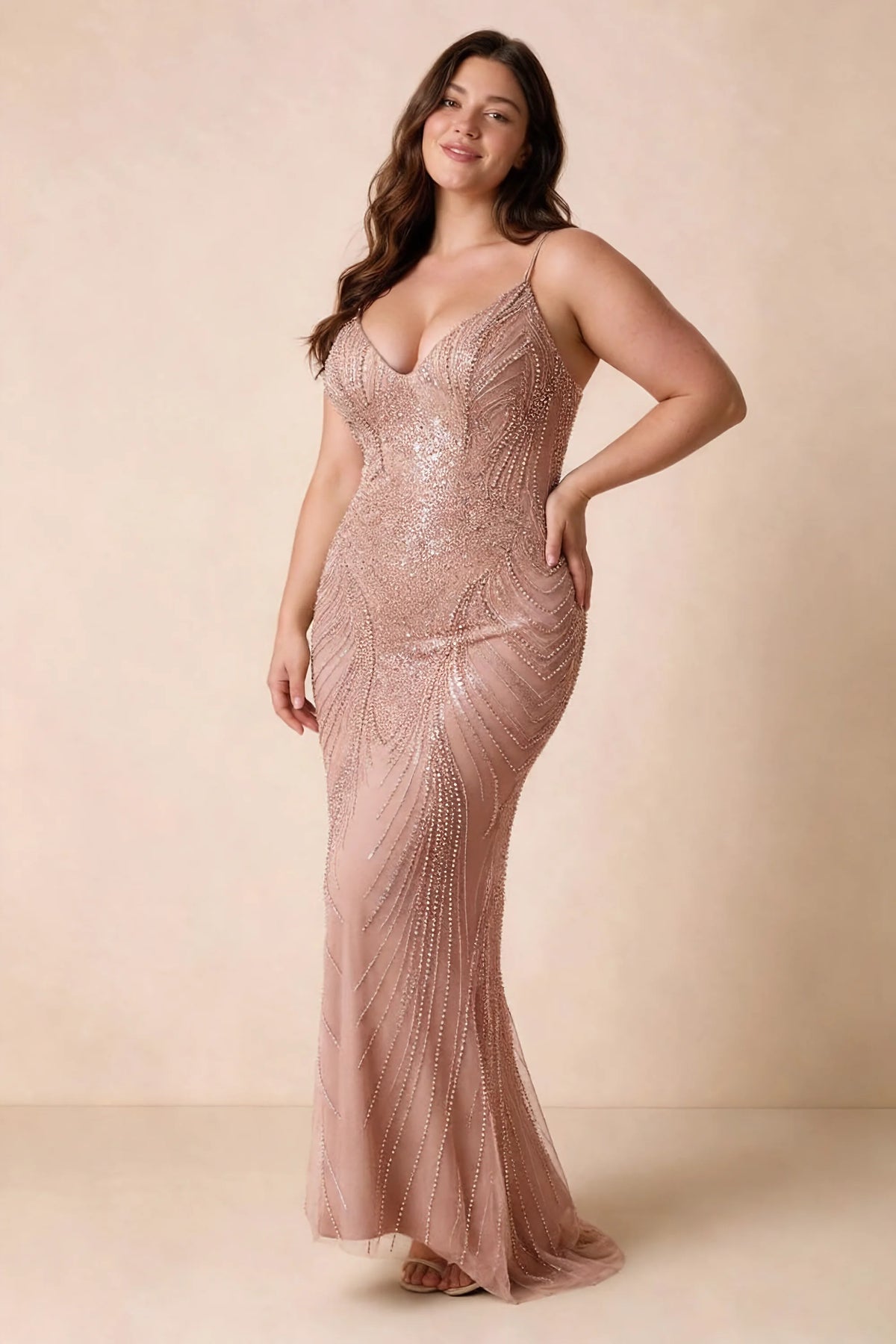 Front view of the Augusta dusty pink V-neck mermaid maxi dress on a second model.