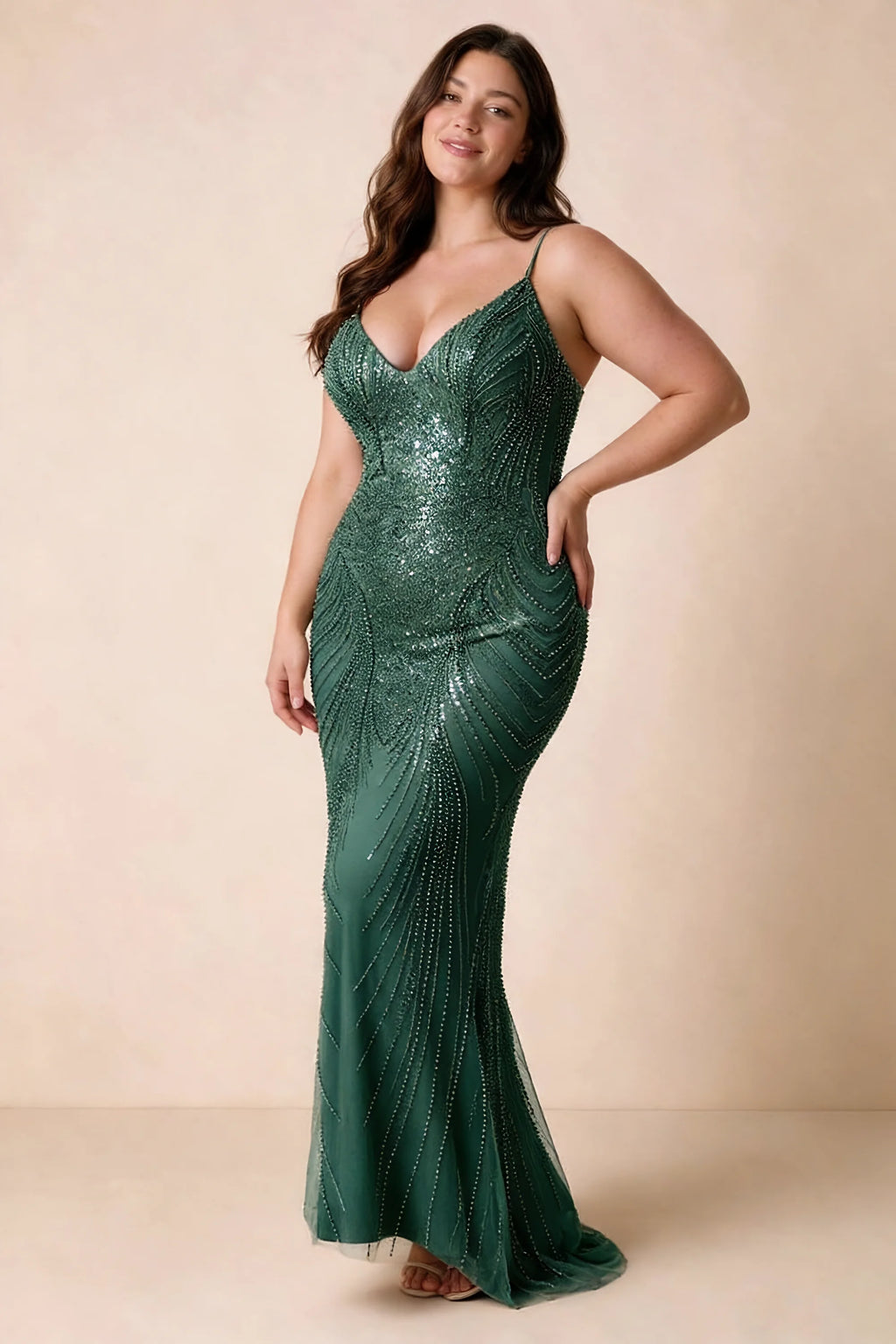 Front view of the Augusta emerald V-neck mermaid maxi dress on a second model.