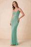 Front view of the Augusta lake blue beaded mermaid maxi dress with a V-neckline and thin shoulder straps.