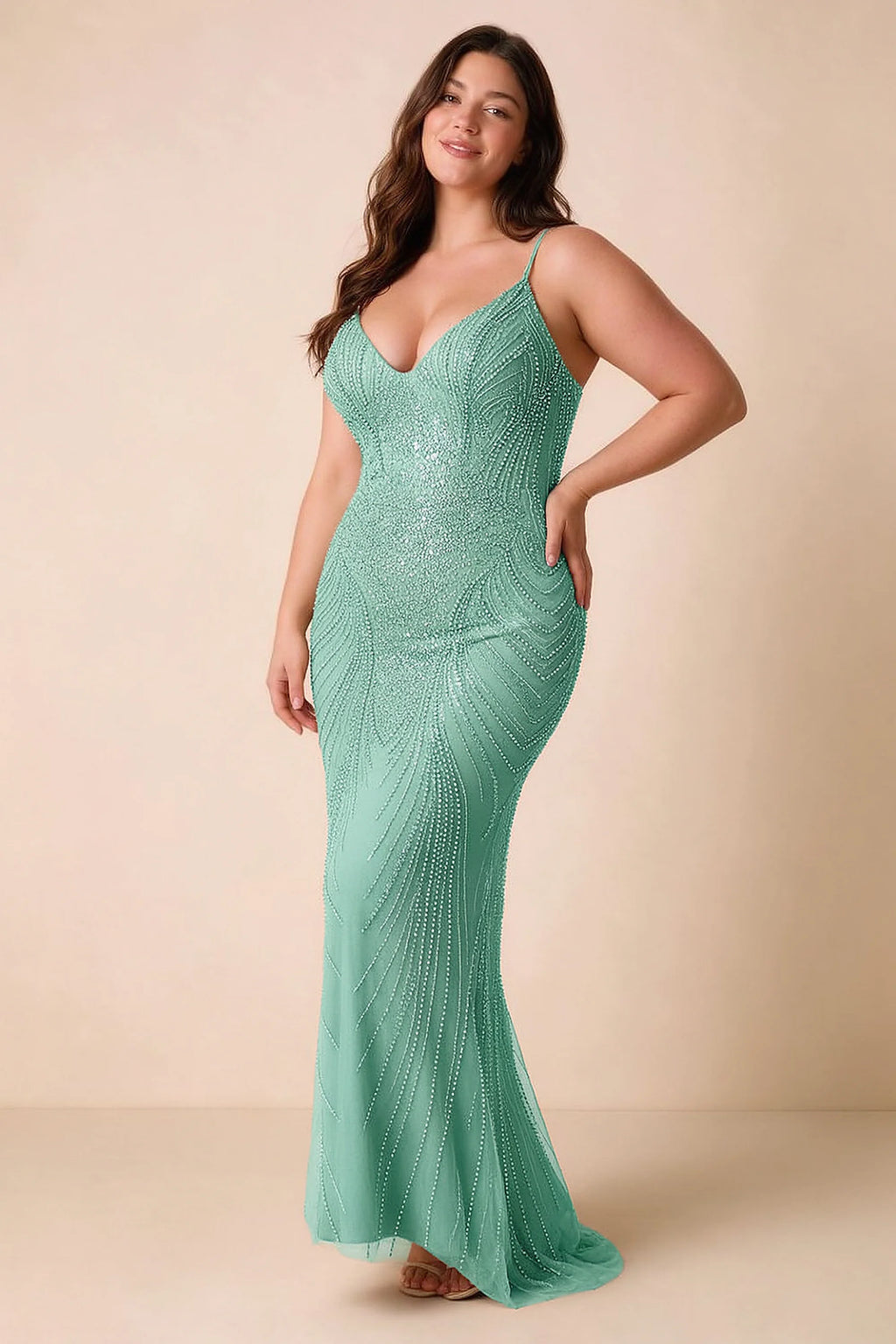 Front view of the Augusta lake blue V-neck mermaid maxi dress on a second model.