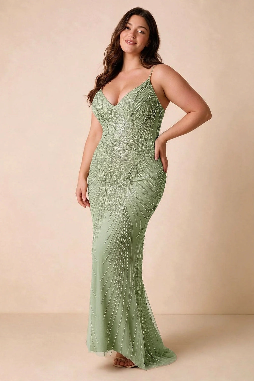 Front view of the Augusta light green V-neck mermaid maxi dress on a second model.