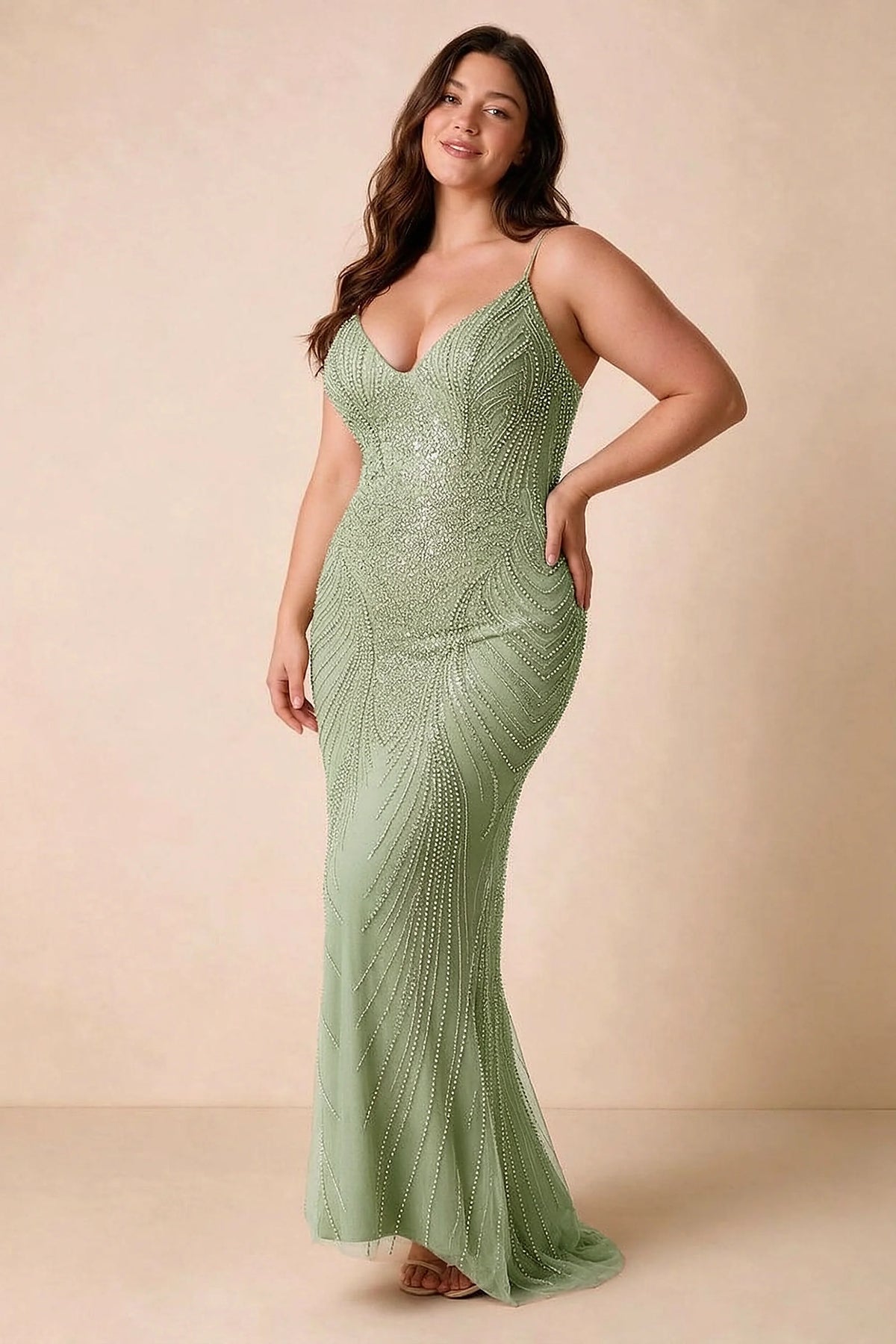 Front view of the Augusta light green V-neck mermaid maxi dress on a second model.
