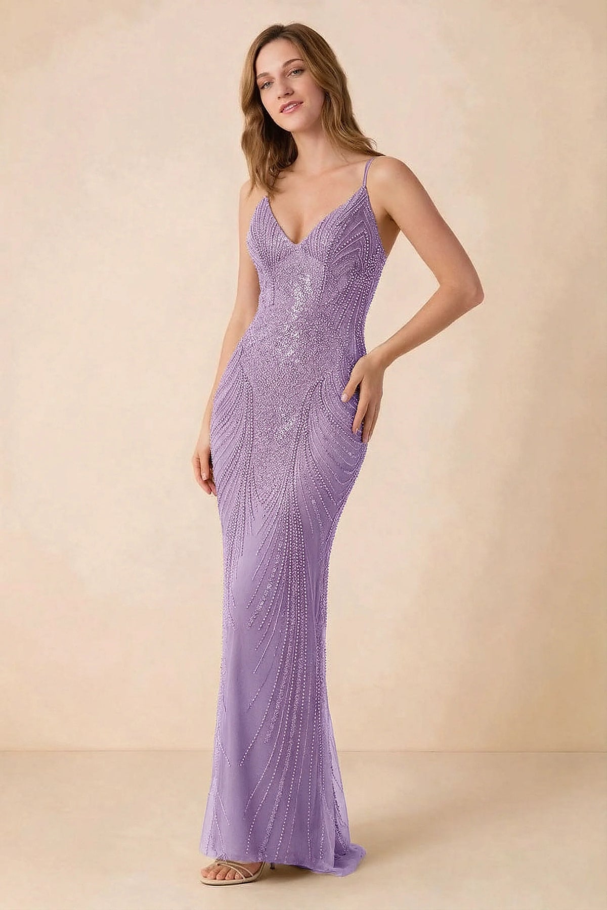 Front view of the Augusta lilac beaded mermaid maxi dress with a V-neckline and thin shoulder straps.