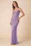 Front view of the Augusta lilac beaded mermaid maxi dress with a V-neckline and thin shoulder straps.