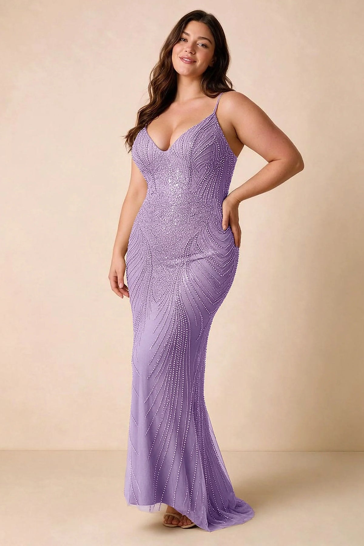 Front view of the Augusta lilac V-neck mermaid maxi dress on a second model.