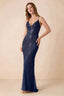 Front view of the Augusta navy beaded mermaid maxi dress with a V-neckline and thin shoulder straps.