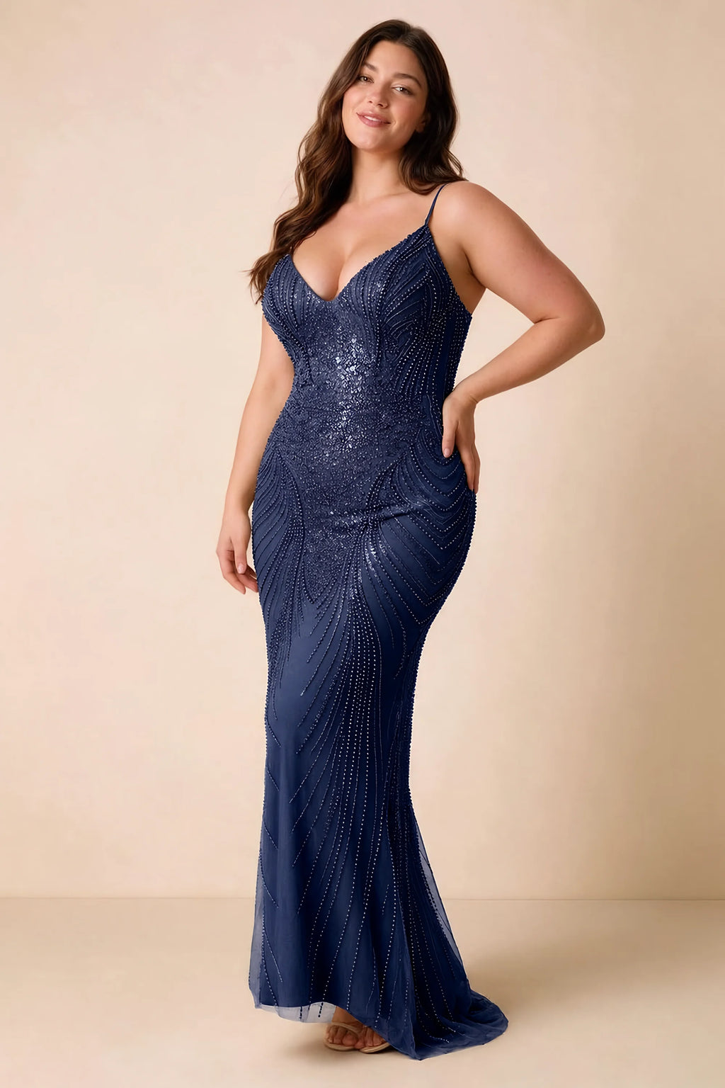 Front view of the Augusta navy V-neck mermaid maxi dress on a second model.