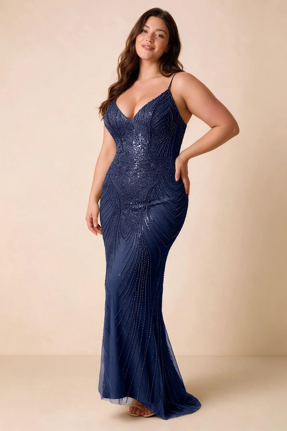 Front view of the Augusta navy V-neck mermaid maxi dress on a second model.
