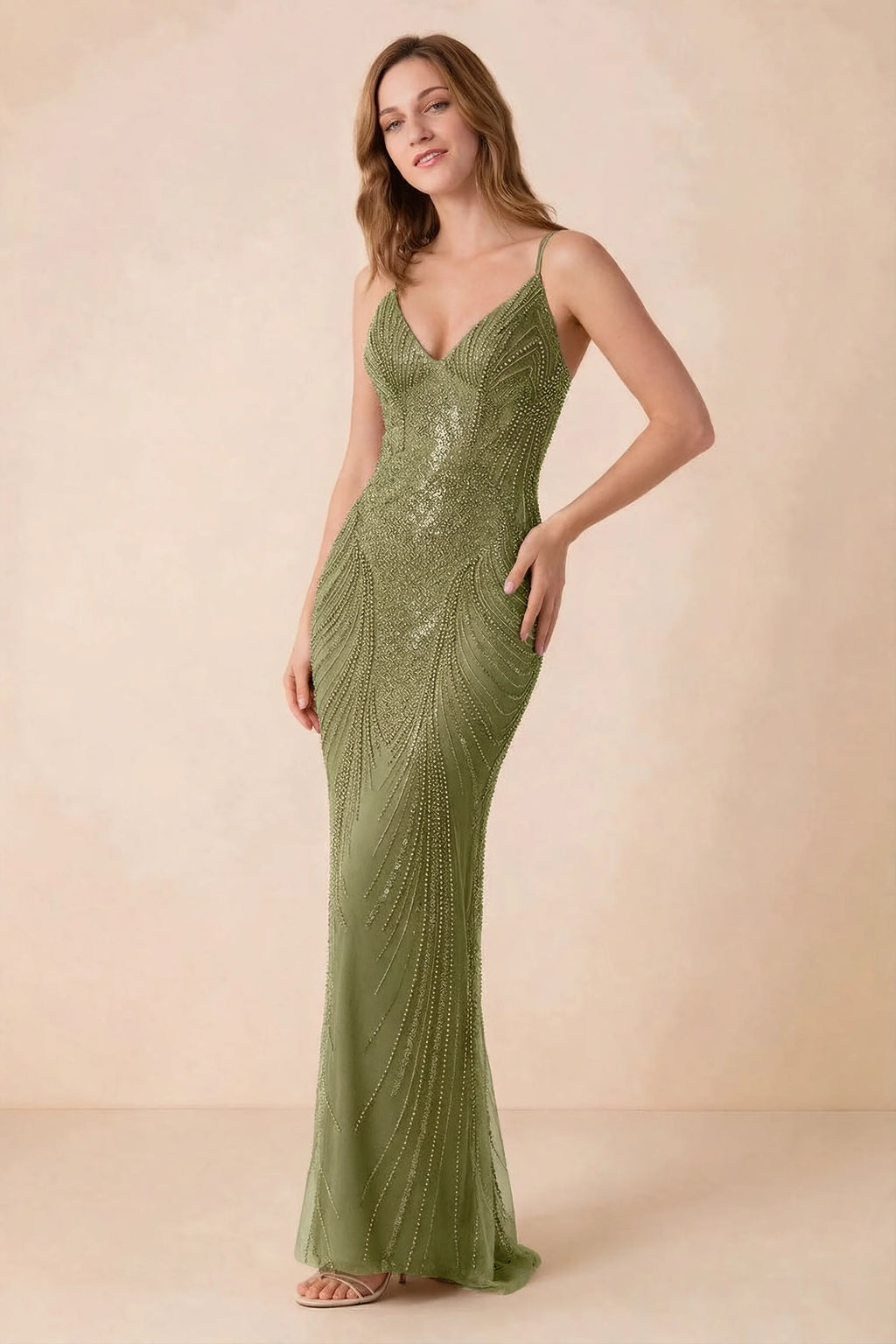 Front view of the Augusta olive beaded mermaid maxi dress with a V-neckline and thin shoulder straps.