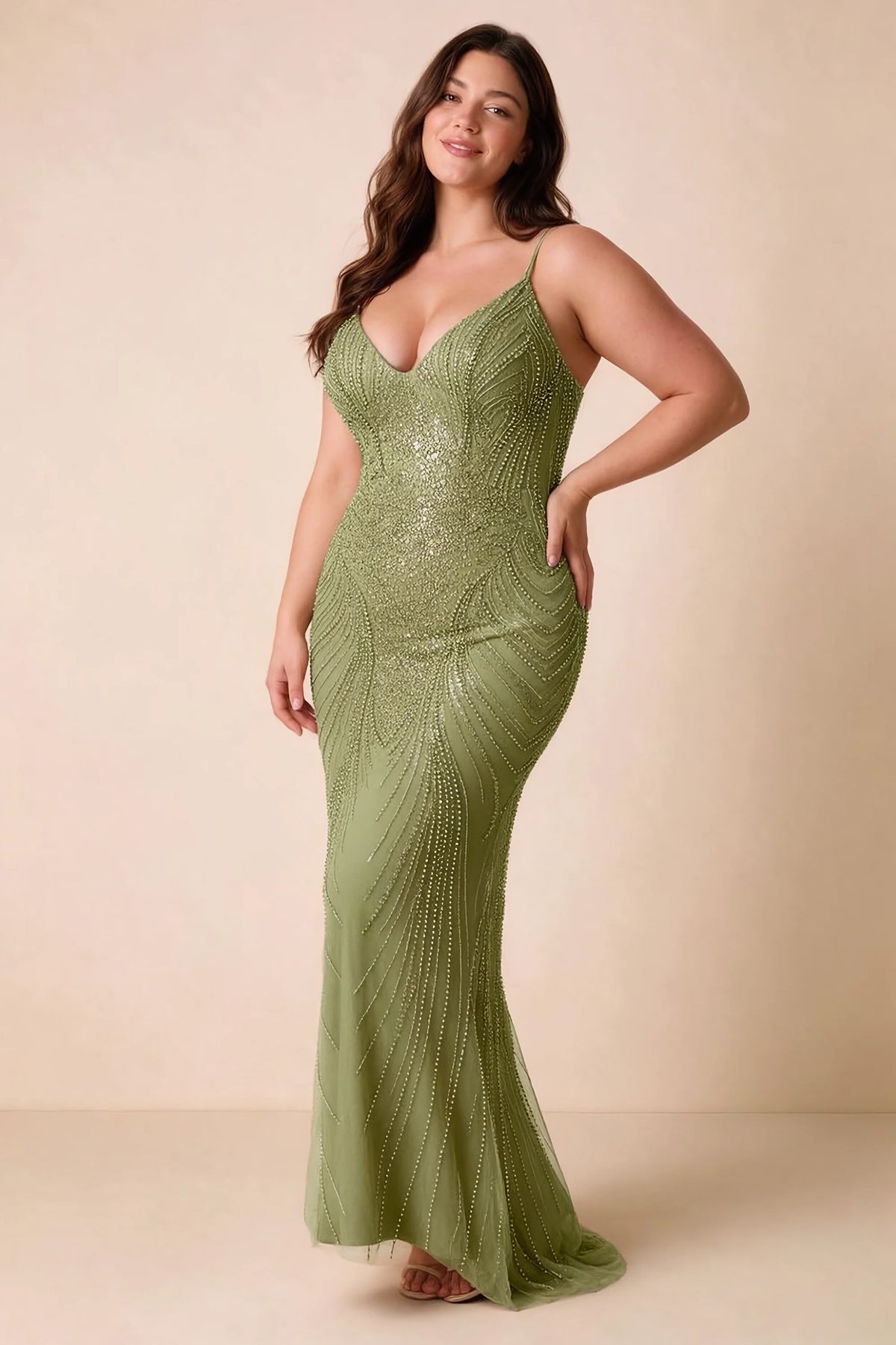 Front view of the Augusta olive V-neck mermaid maxi dress on a second model.