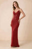 Front view of the Augusta red beaded mermaid maxi dress with a V-neckline and thin shoulder straps.
