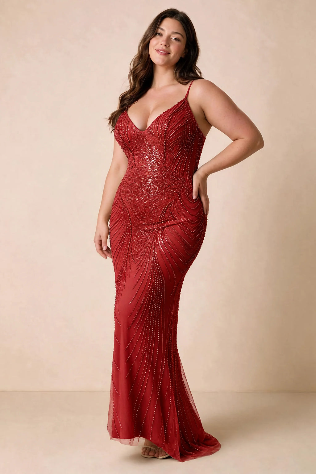 Front view of the Augusta red V-neck mermaid maxi dress on a second model.