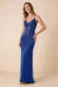 Front view of the Augusta royal blue beaded mermaid maxi dress with a V-neckline and thin shoulder straps.