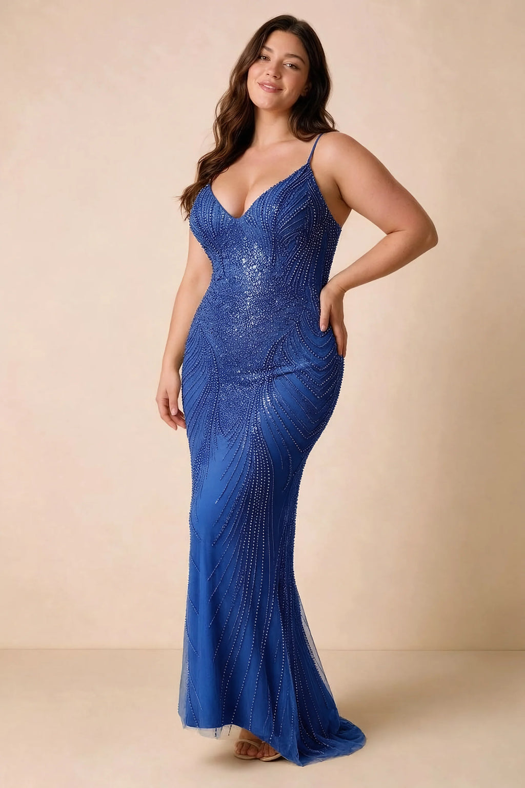 Front view of the Augusta royal blue V-neck mermaid maxi dress on a second model.