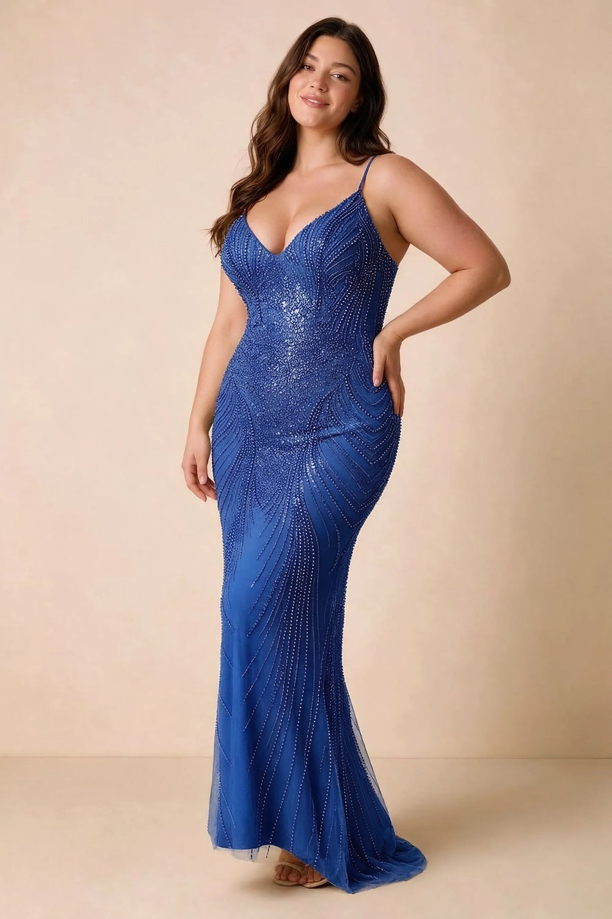 Front view of the Augusta royal blue V-neck mermaid maxi dress on a second model.