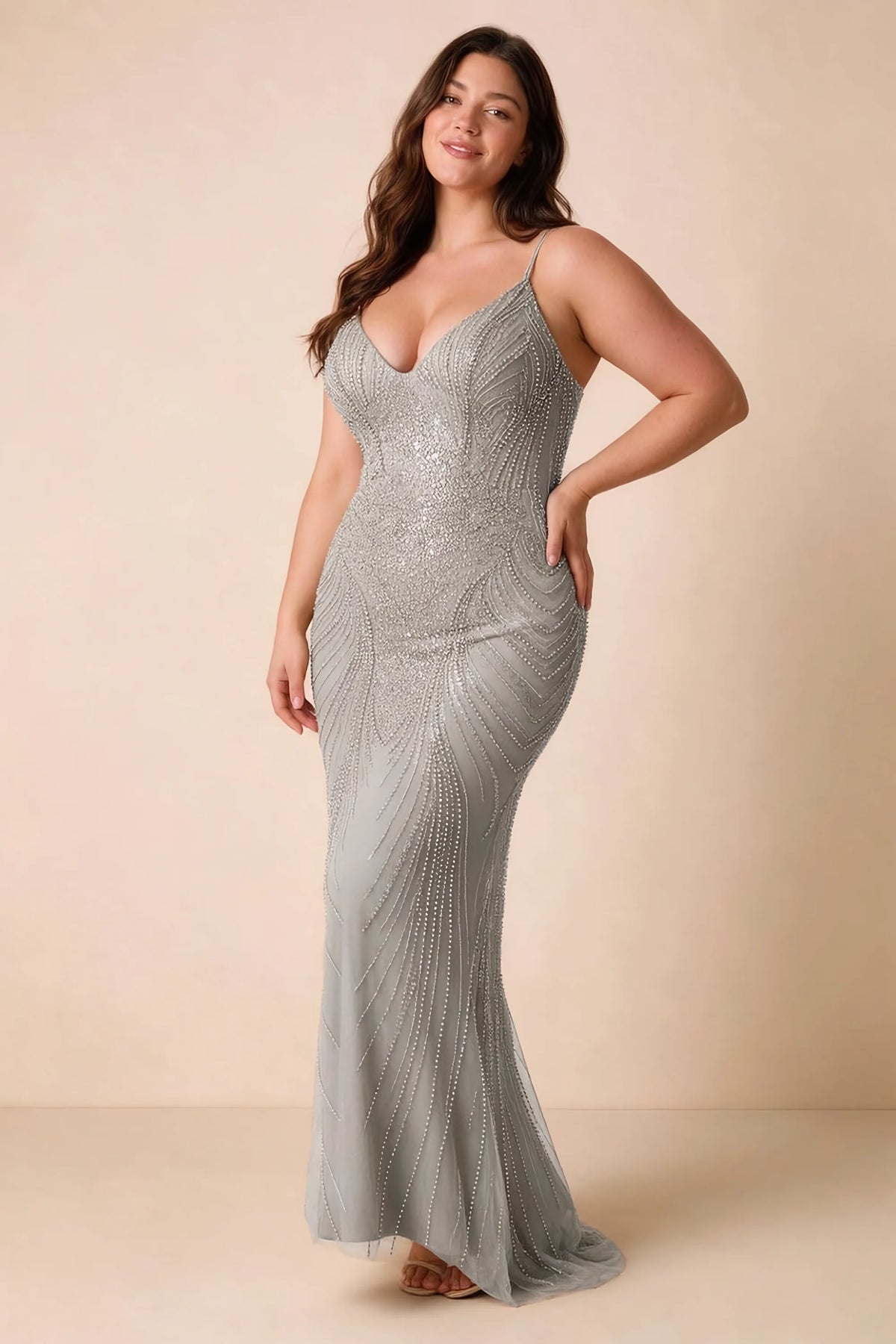 Front view of the Augusta silver V-neck mermaid maxi dress on a second model.