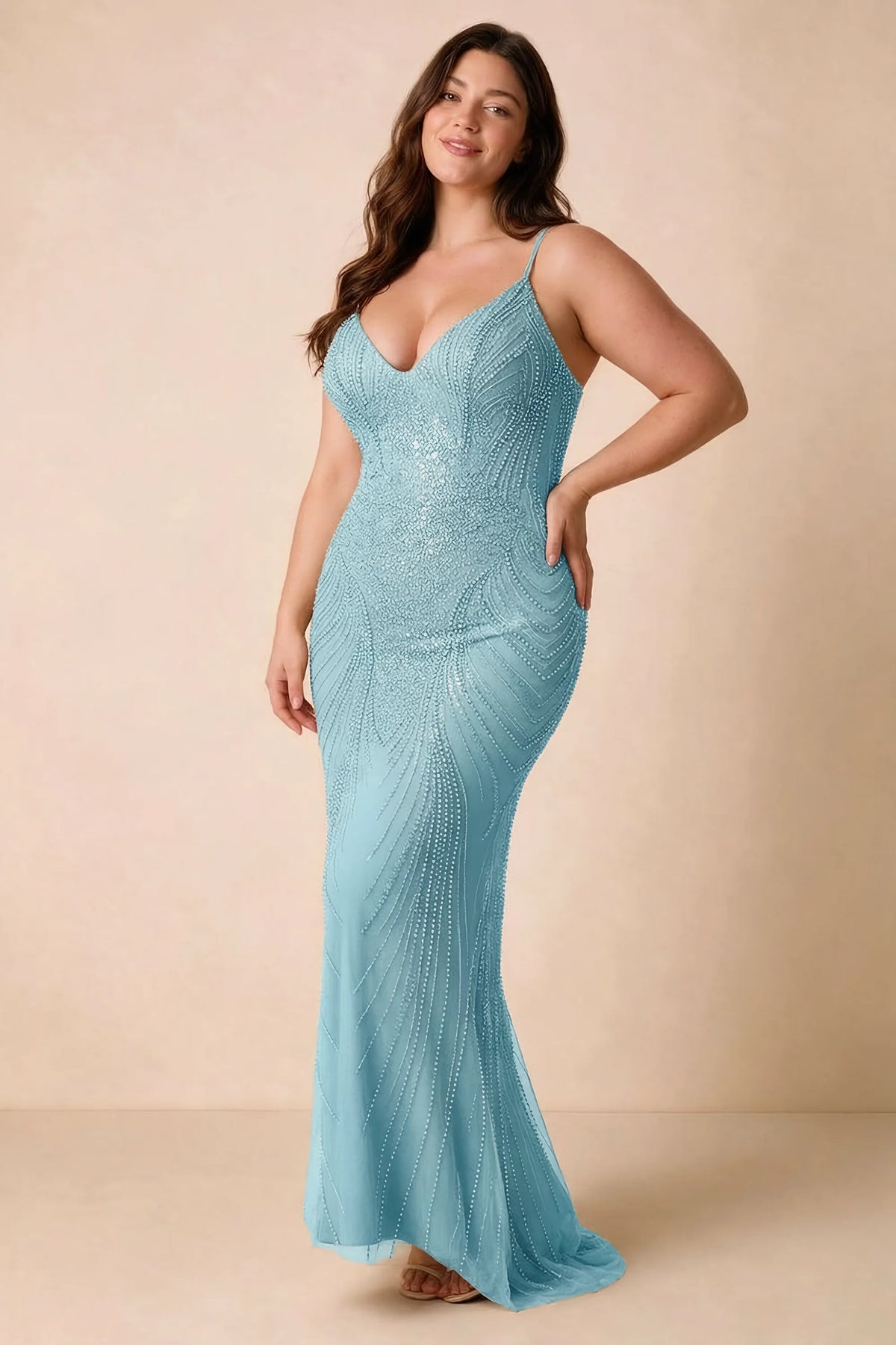 Front view of the Augusta sky blue V-neck mermaid maxi dress on a second model.