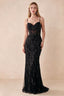 Front view of Aurelia black sequin maxi dress with a sweetheart corset bodice and flared mermaid hem