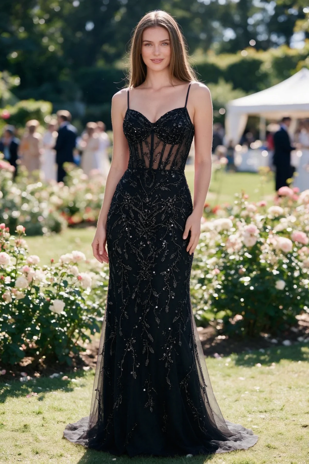 Aurelia black sequin corset maxi dress shown from the front in a garden setting