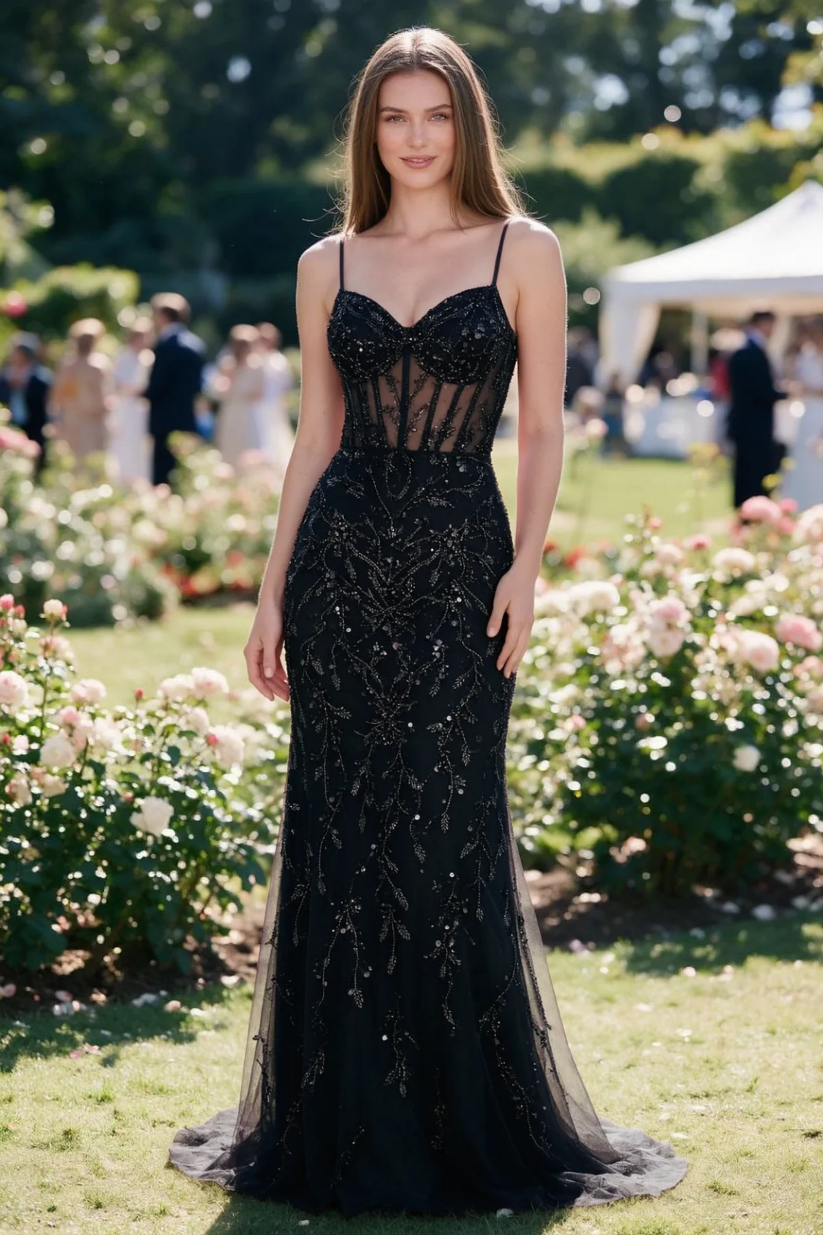 Aurelia black sequin corset maxi dress shown from the front in a garden setting