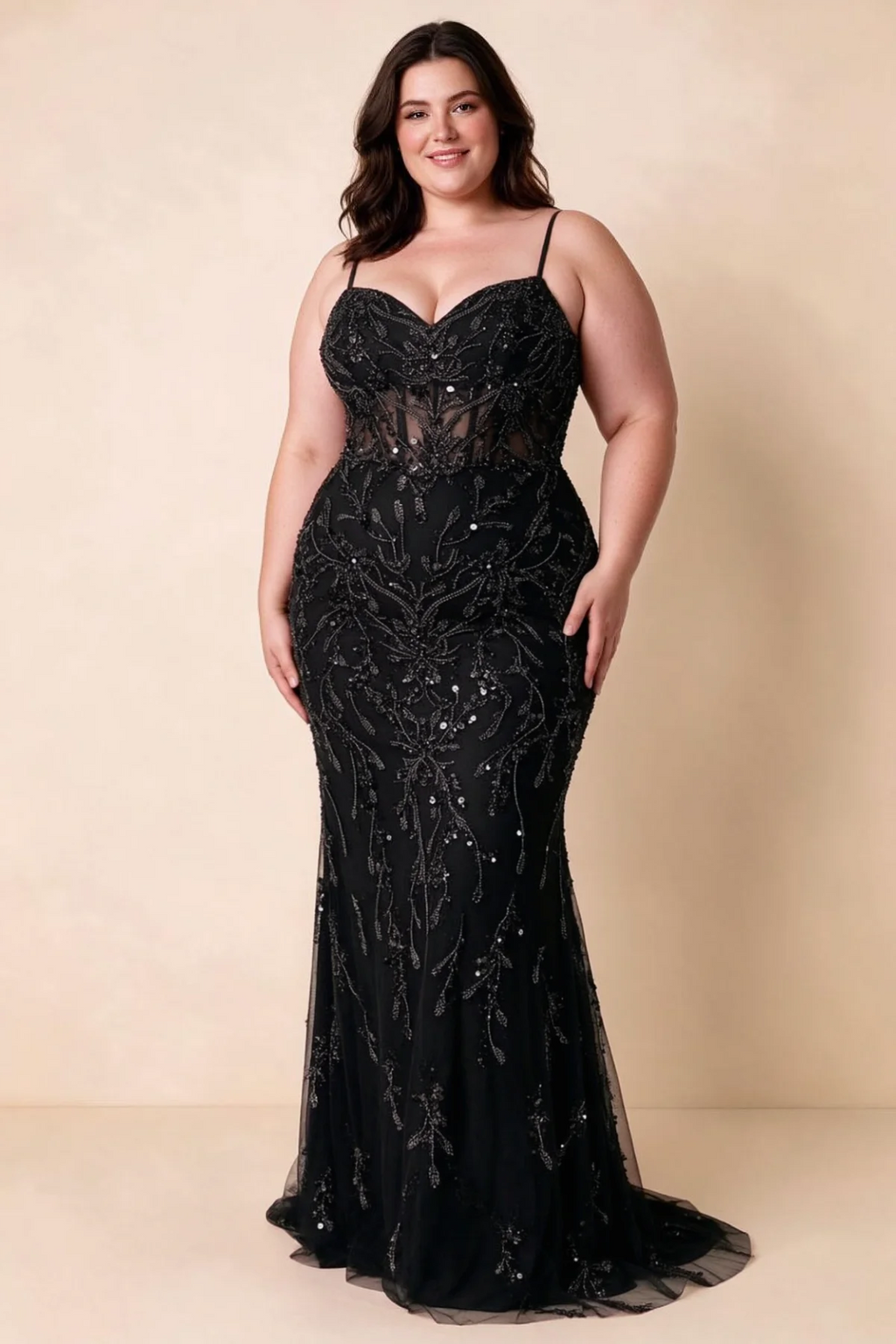 Front view on a second model wearing Aurelia black sweetheart sequin mermaid maxi dress