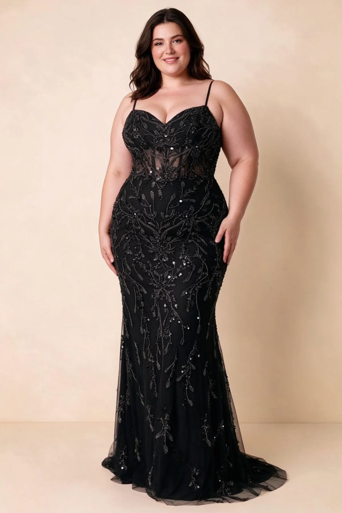 Front view on a second model wearing Aurelia black sweetheart sequin mermaid maxi dress