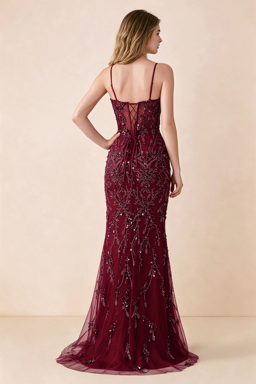 Translation missing: en.Back view of Aurelia burgundy maxi dress showing spaghetti straps and crossed waist lacing content.product_image_secondary