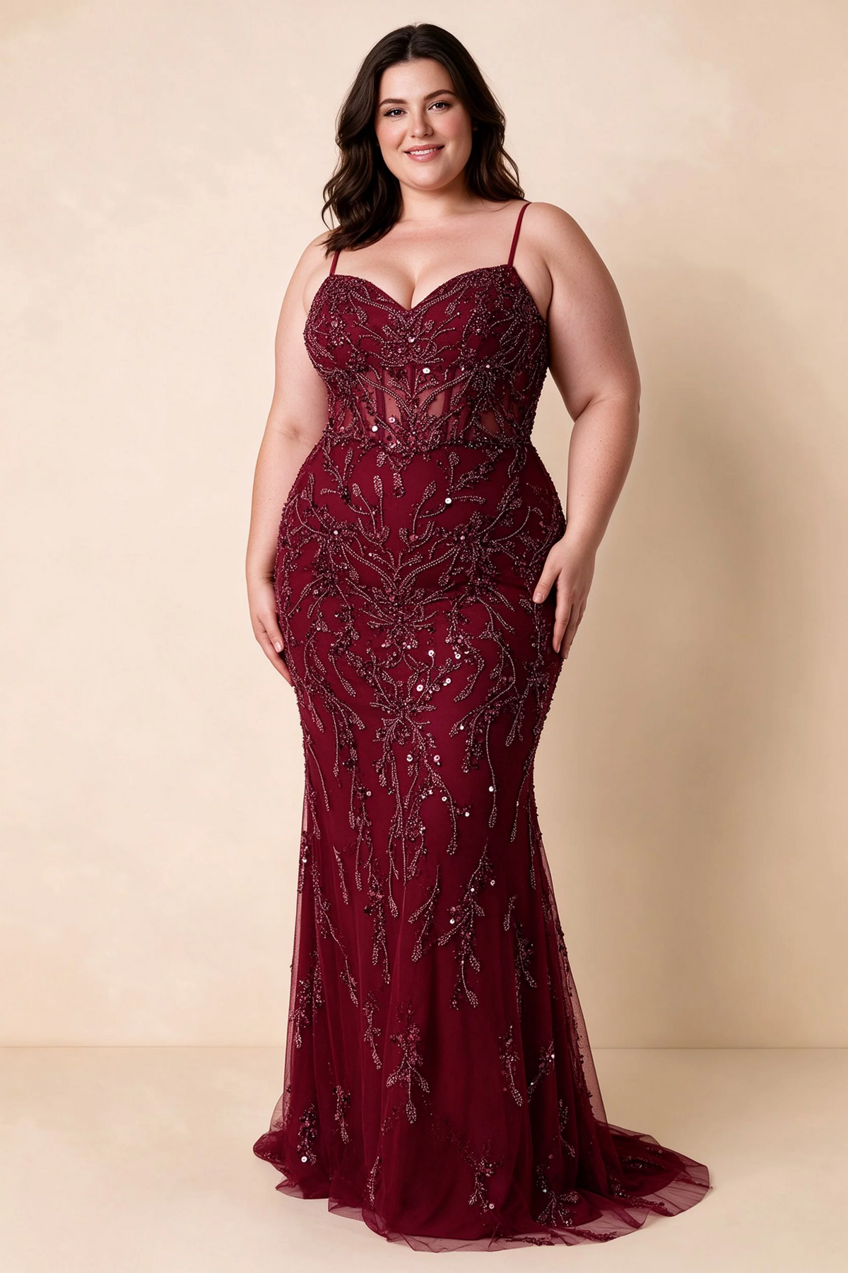 Front view on a second model wearing Aurelia burgundy sweetheart sequin mermaid maxi dress
