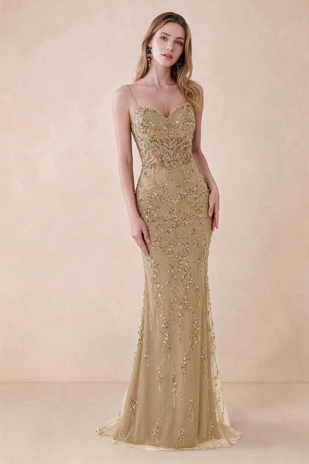 Front view of Aurelia champagne sequin maxi dress with a sweetheart corset bodice and flared mermaid hem