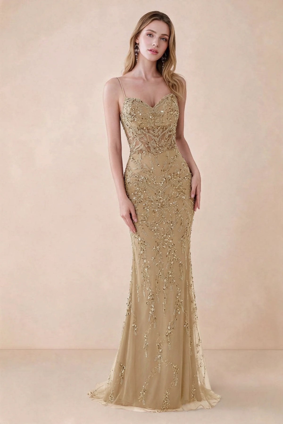 Front view of Aurelia champagne sequin maxi dress with a sweetheart corset bodice and flared mermaid hem Main image