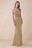 Front view of Aurelia champagne sequin maxi dress with a sweetheart corset bodice and flared mermaid hem