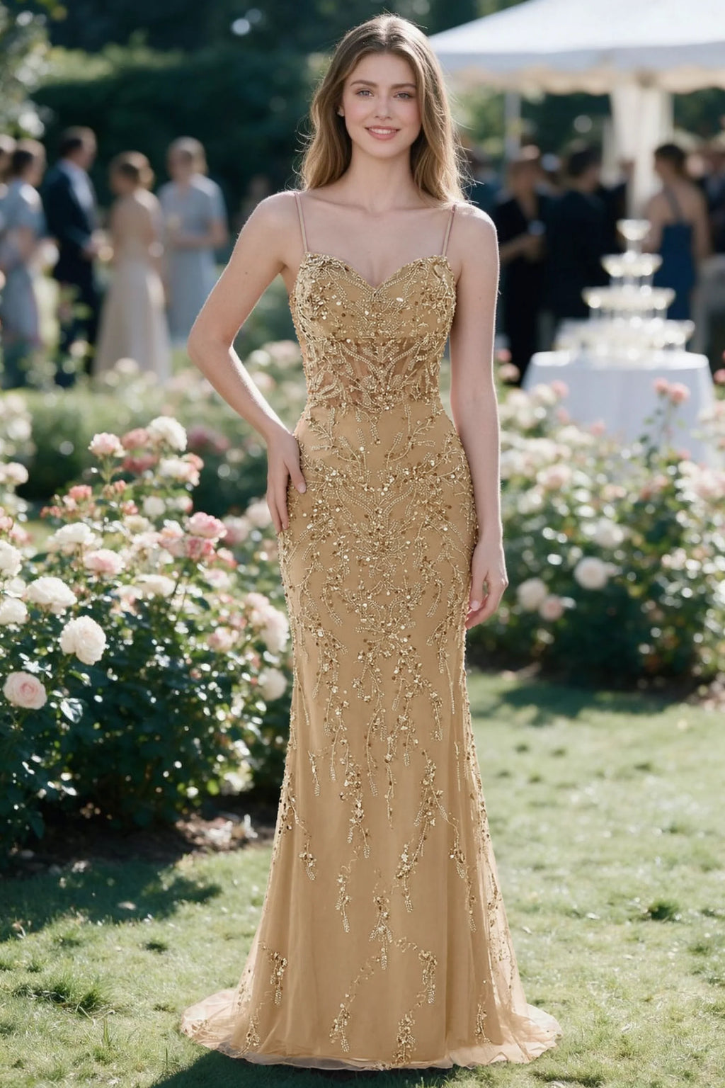Aurelia champagne sequin corset maxi dress shown from the front in a garden setting
