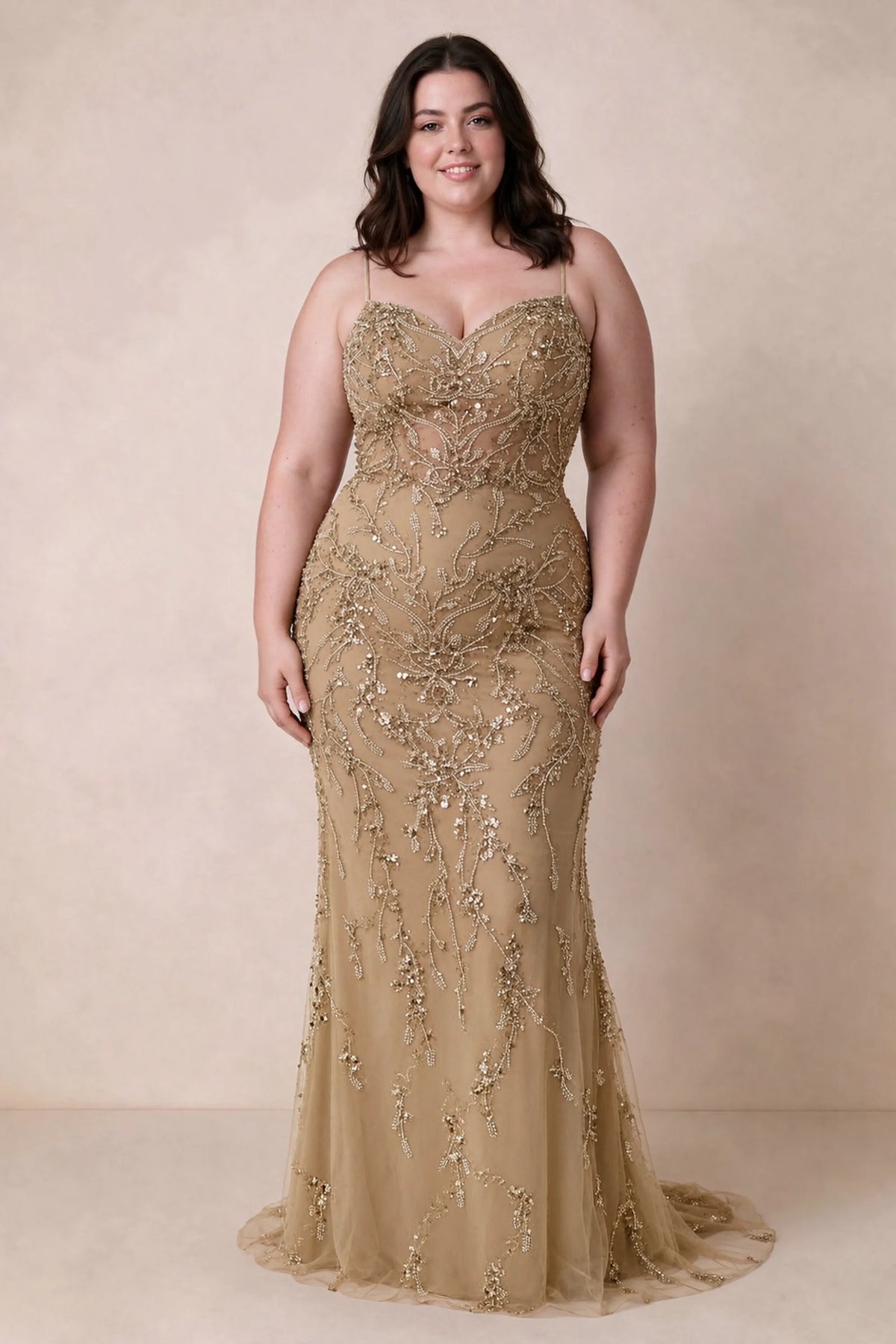 Front view on a second model wearing Aurelia champagne sweetheart sequin mermaid maxi dress