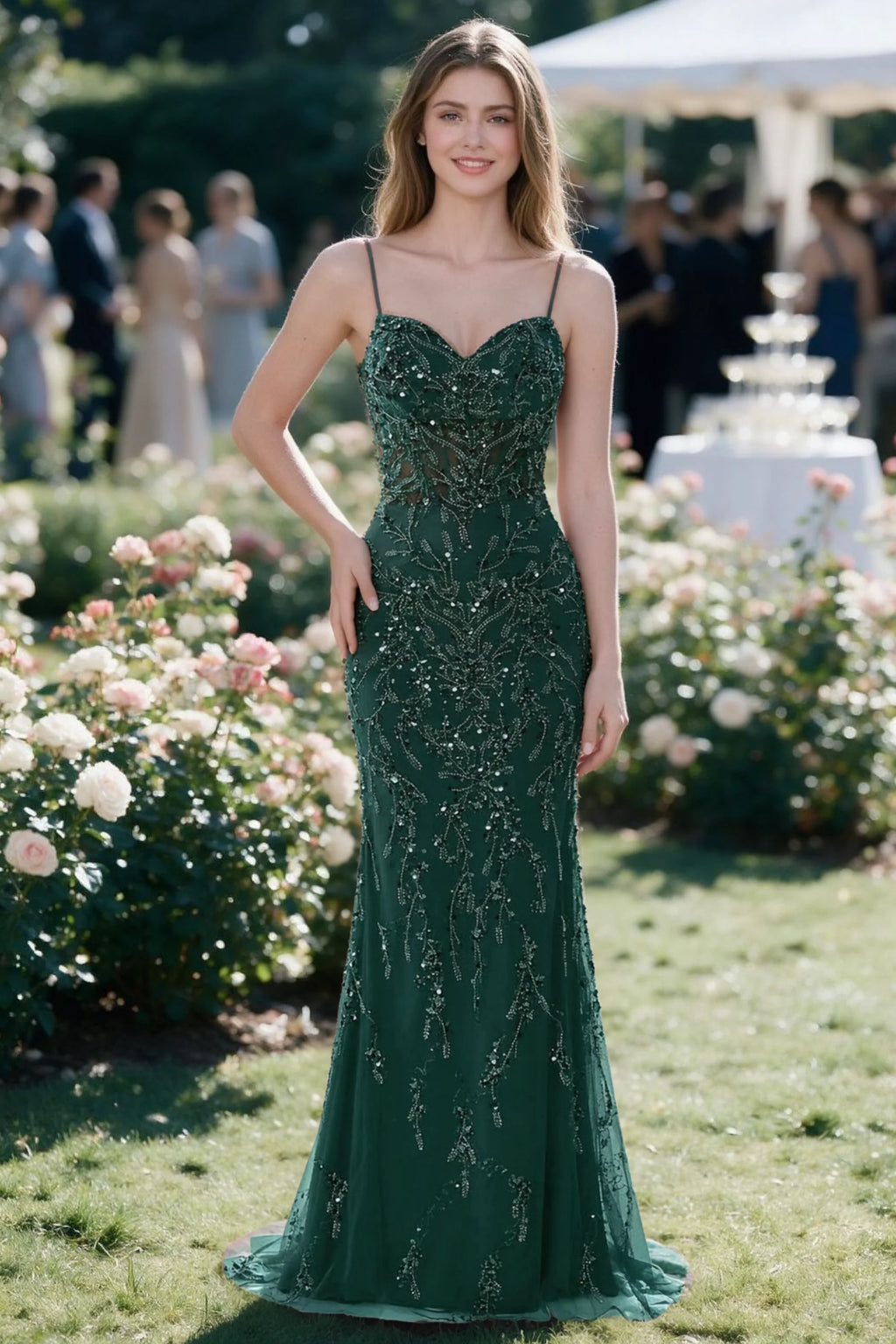 Aurelia dark green sequin corset maxi dress shown from the front in a garden setting