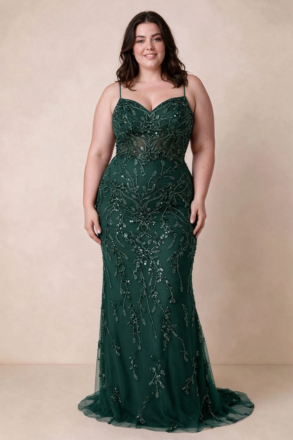 Front view on a second model wearing Aurelia dark green sweetheart sequin mermaid maxi dress