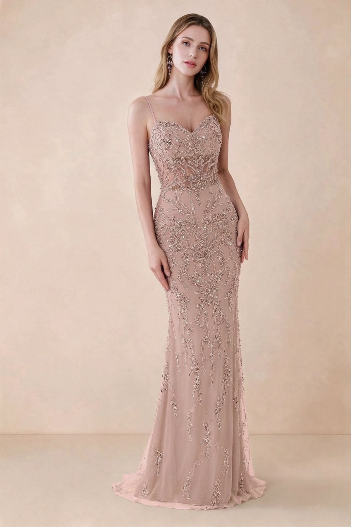 Front view of Aurelia light pink sequin maxi dress with a sweetheart corset bodice and flared mermaid hem