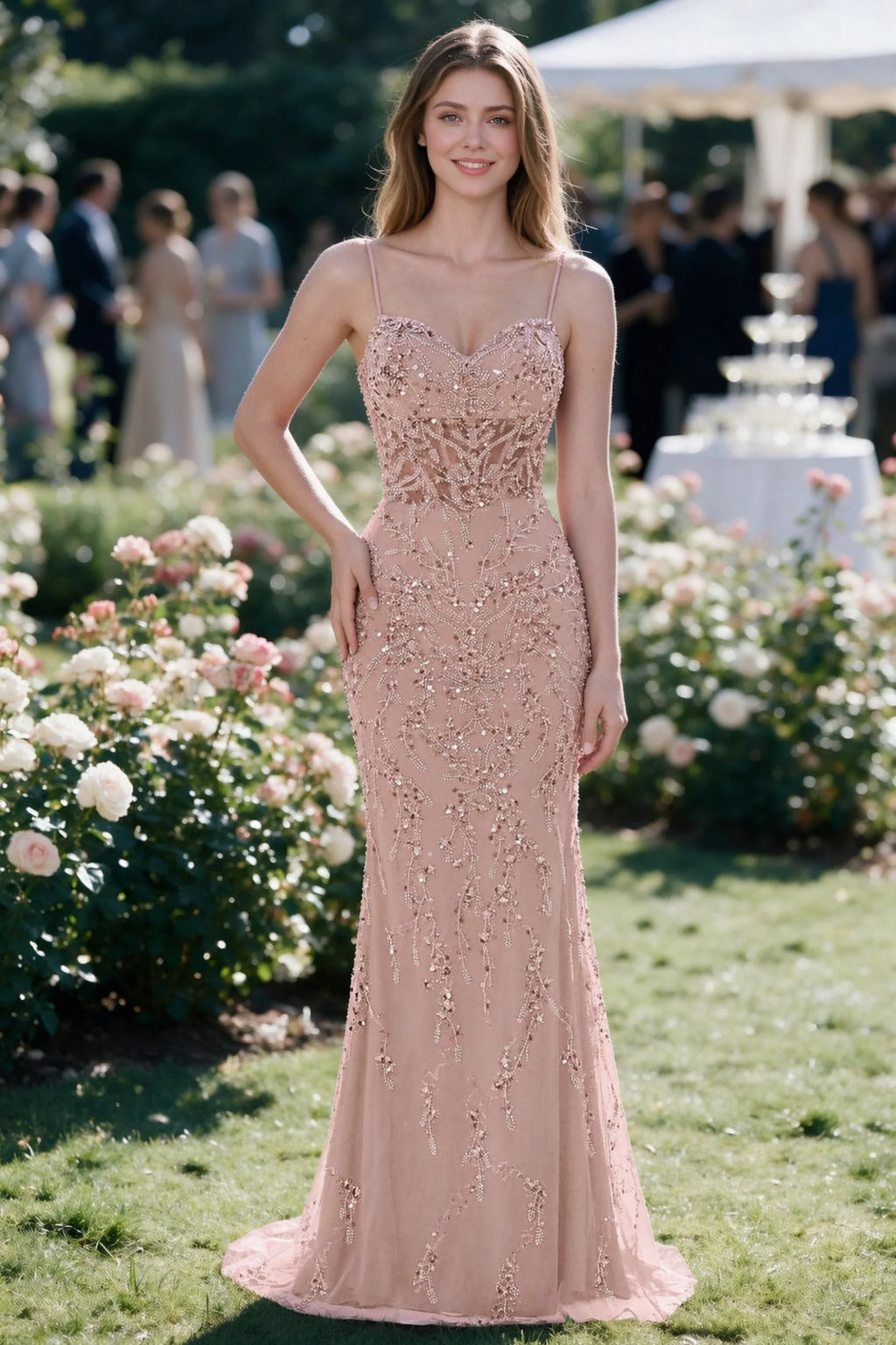 Aurelia light pink sequin corset maxi dress shown from the front in a garden setting