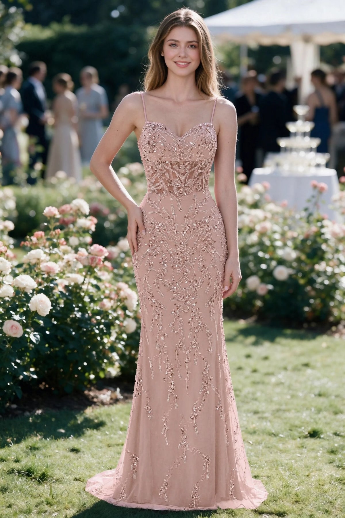 Aurelia light pink sequin corset maxi dress shown from the front in a garden setting