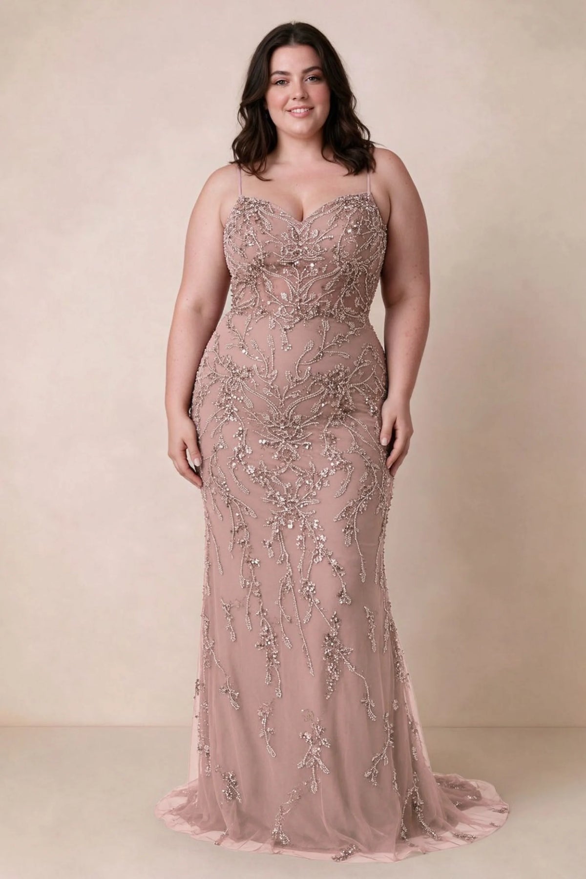 Front view on a second model wearing Aurelia light pink sweetheart sequin mermaid maxi dress