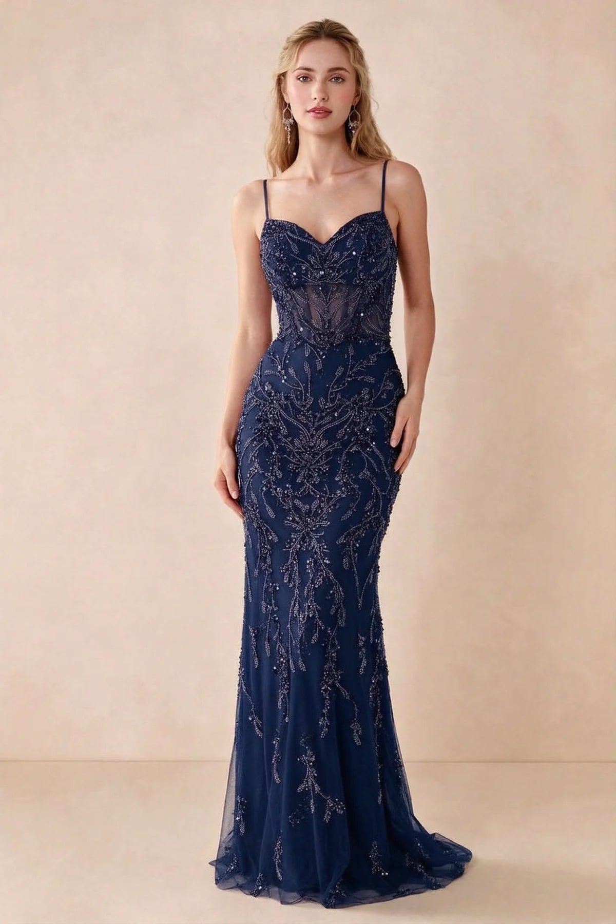 Front view of Aurelia navy sequin maxi dress with a sweetheart corset bodice and flared mermaid hem