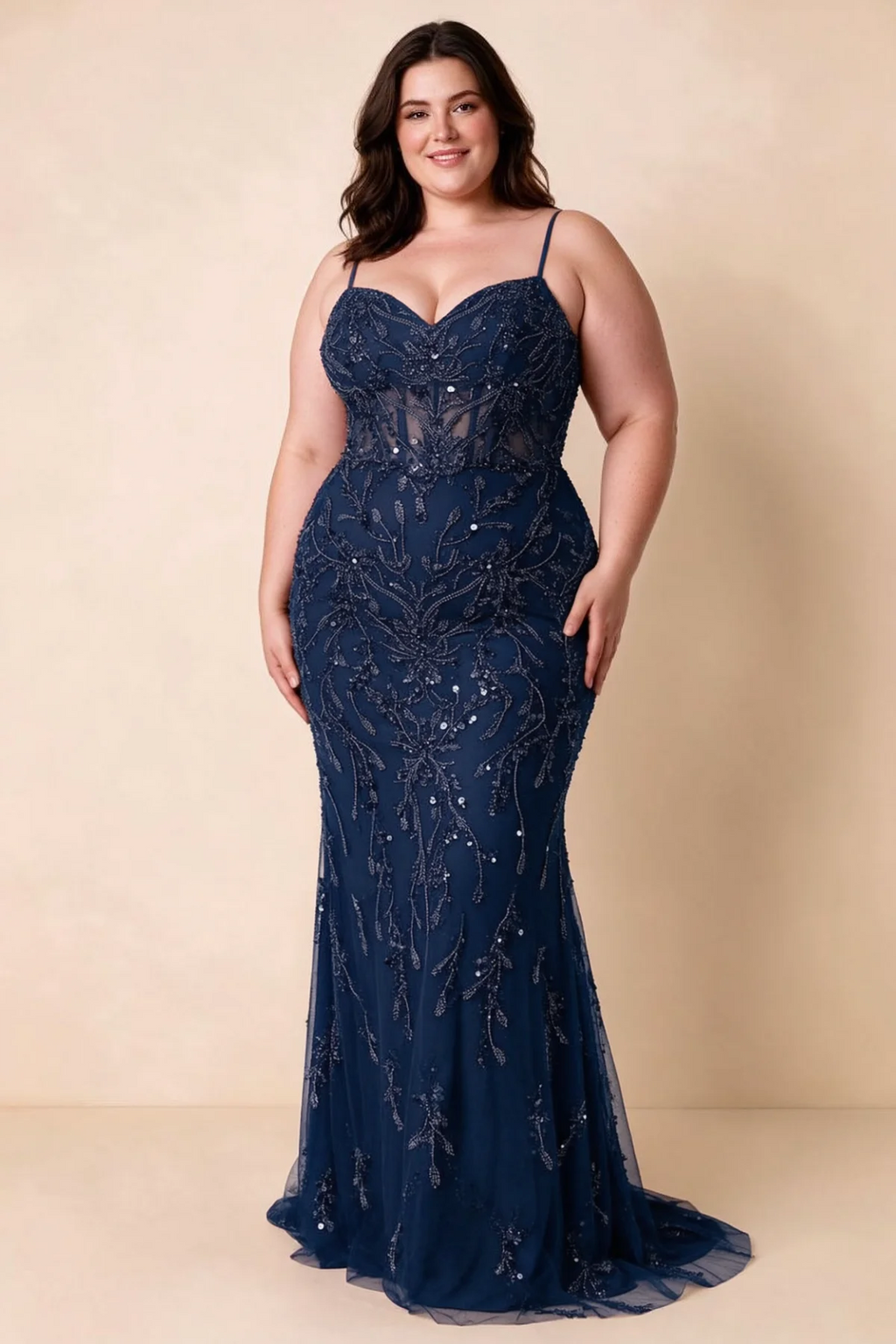 Front view on a second model wearing Aurelia navy sweetheart sequin mermaid maxi dress