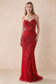 Front view of Aurelia red sequin maxi dress with a sweetheart corset bodice and flared mermaid hem